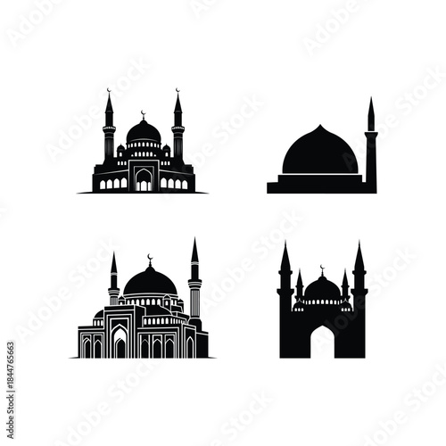 Different styles of black mosque silhouettes and icons for islamic worship places