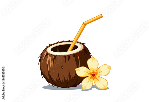 Illustration of a Fresh Coconut Drink with Straw Accompanied by a Yellow Tropical Flower on a White Background