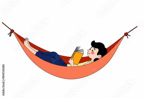 Illustration of a person relaxing comfortably in a hammock with a book, showcasing a serene and tranquil leisure activity in a simplistic minimalist style