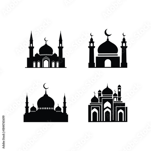 Four distinct mosque silhouettes in black, symbolizing islamic architecture and places of prayer