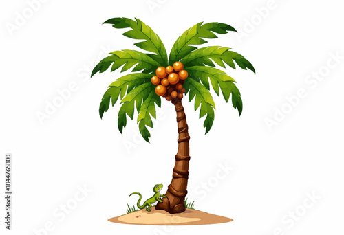 Illustration of a vibrant, tropical palm tree with clusters of orange coconuts on a sandy island, accompanied by a small, curious green lizard at its base