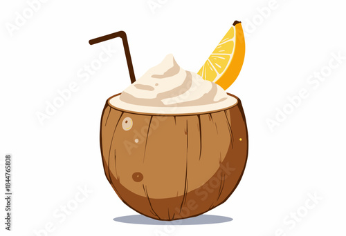 Illustration of a Tropical Coconut Drink with Creamy Topping and Lemon Slice on a White Background Featuring a Straw for Refreshing Summertime Enjoyment