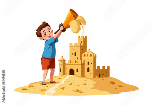 Young Boy Joyfully Builds an Elaborate Sandcastle Using a Bucket, Showcasing Creativity and Enthusiasm in a Playful Beach-Inspired Setting with Sandy Details