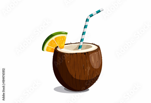 Refreshing Coconut Beverage with Striped Straw and Tropical Citrus Slice on White Background Symbolizing Island Vibes and Summer Refreshment