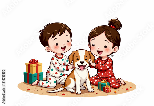 Joyful Children in Pajamas Playing with a Cute Puppy Surrounded by Colorful Gift Boxes on a Festive Morning Celebration