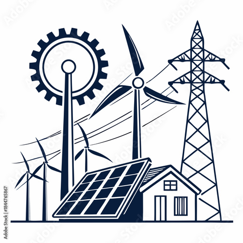 Conceptual illustration of sustainable energy sources and power transmission infrastructure