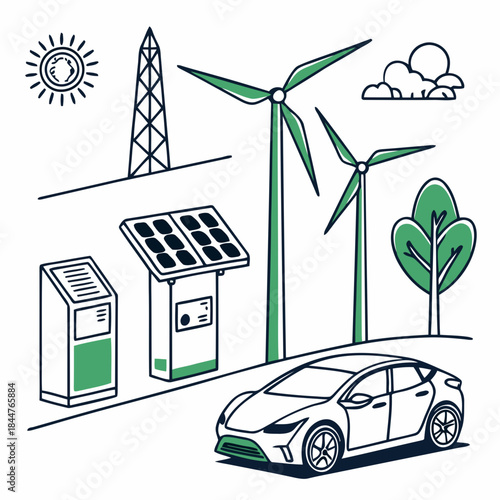 A line art illustration showing an electric car charging from renewable energy sources