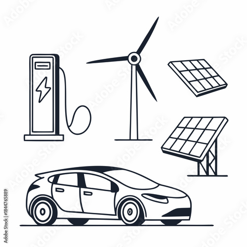 A line art illustration of sustainable energy sources and an electric car