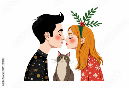 Romantic Couple Sharing a Tender Moment at Christmas with a Curious Cat in Festive Attire and Holiday Decor