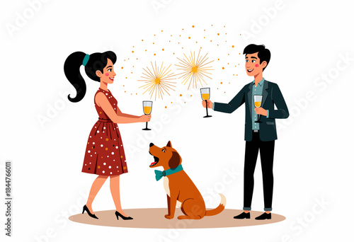 Elegant Celebration Featuring a Couple Toasting with Champagne Glasses While a Cheerful Dog Sits Between Them Against a Sparkling Background