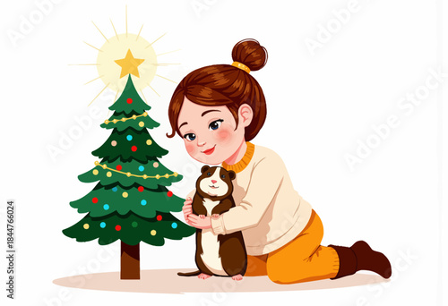 Young girl lovingly embraces her beloved pet guinea pig beside a beautifully decorated Christmas tree, twinkling with lights and ornaments, capturing a heartwarming holiday moment