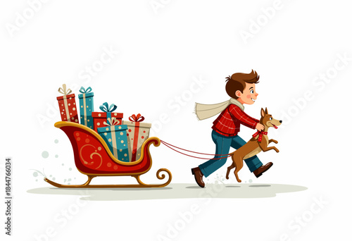 Joyful winter illustration of a child cheerfully pulling a dog while carrying a sleigh full of colorful presents through a snowy landscape