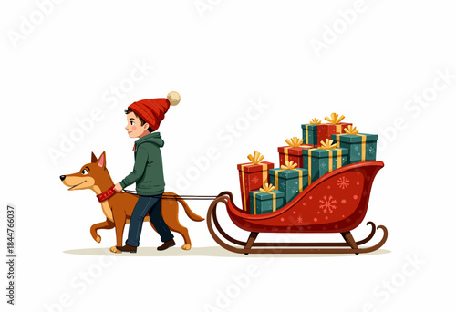 Young boy in festive attire walking a cheerful dog pulling a beautifully decorated sled filled with colorful wrapped gifts