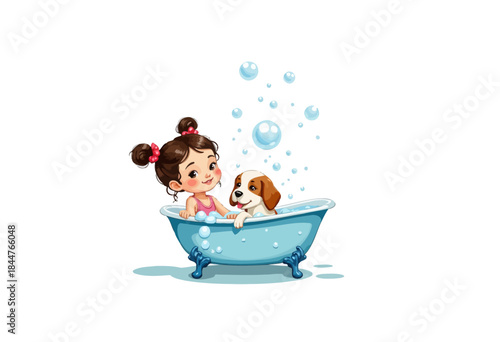 Illustration of a Smiling Child with a Playful Puppy in a Bathtub Surrounded by Bubbles in a Whimsical and Joyful Bath Time Scene