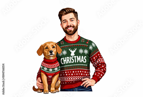 Cheerful Bearded Man and Adorable Dog Wearing Festive Sweaters Celebrating the Joyful Holiday Season with Matching Christmas Outfits