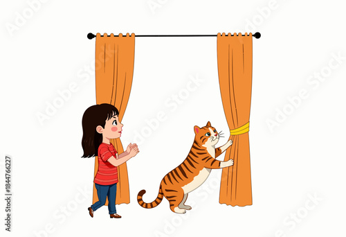 Curious Cat Playfully Clawing Orange Curtains While Young Girl Watches in Amusement and Delightful Anticipation in Brightly Lit Living Room