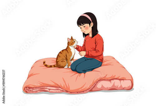 Young Girl Gently Patting a Content Orange Cat While Sitting on a Soft Pink Blanket in a Cozy Indoor Setting
