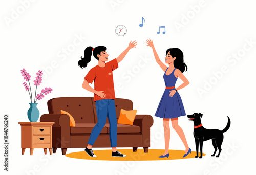Joyful indoor scene of two friends dancing and enjoying music in a cozy living room with a curious dog beside them and vibrant decor elements