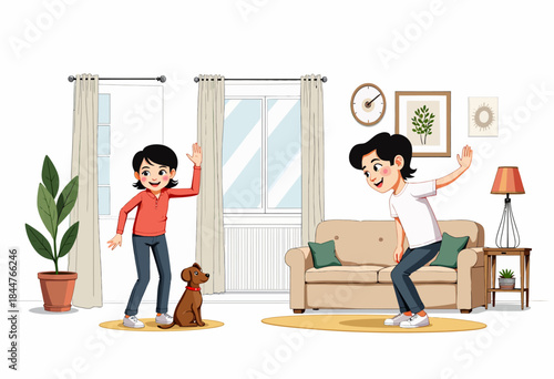 Two cheerful children engaged in a lively indoor activity with a small dog in a cozy living room setting, featuring modern decor and natural elements