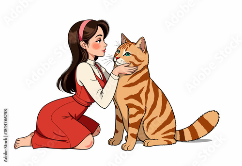 Woman kneeling gently embraces and caresses a large, friendly orange tabby cat with green eyes, showcasing a tender moment of companionship and affection
