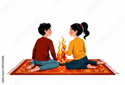 Two people sitting on an ornate carpet, enjoying warmth from a small fire, fostering friendship and connection in a cozy setting.