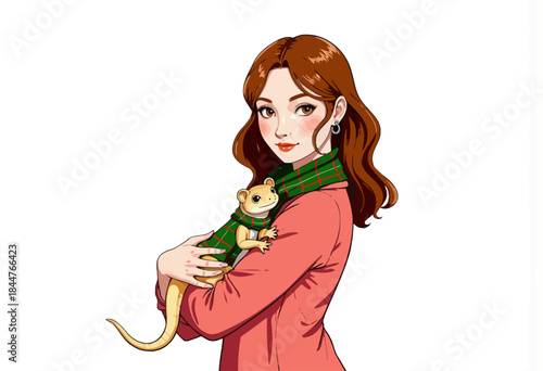 Illustrated Woman with Long Hair Holding a Gecko Wrapped in a Plaid Scarf, Exuding Warmth and Charm in a Colorful Artwork
