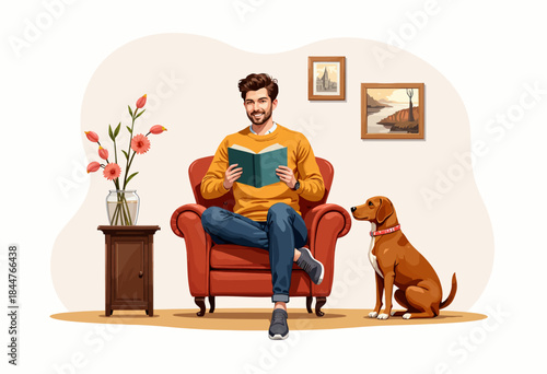 Cozy Living Room Scene with a Man Relaxing in an Armchair While Reading a Book Beside a Faithful Dog, Featuring Elegant Decor and a Vase of Fresh Flowers