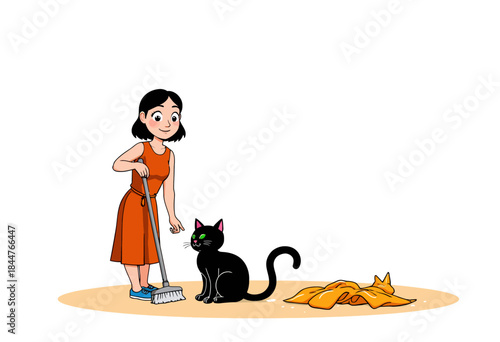 Smiling Woman Sweeping Floor with Broom and Black Cat Sitting Nearby on Clean Home Floor with Scattered Yellow Cloths