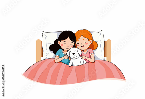 Illustration of Two Happy Children Sitting in Bed Embracing Their Cute Pet Puppy with Joyful Expressions, Creating a Warm and Loving Atmosphere in a Cozy Room