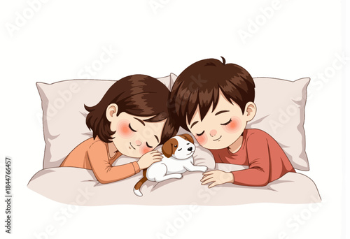 Adorable cartoon illustration of two children lovingly cuddling a small puppy while lying on a pillow, showcasing affection and innocence in a heartwarming scene
