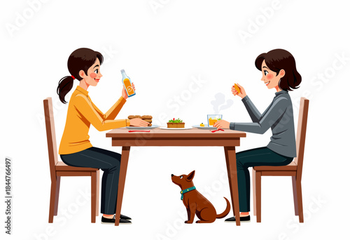 Two Friends Enjoying a Casual Meal Together at a Wooden Dining Table with a Dog Sitting Nearby Waiting Patiently Indoors on a Sunny Day