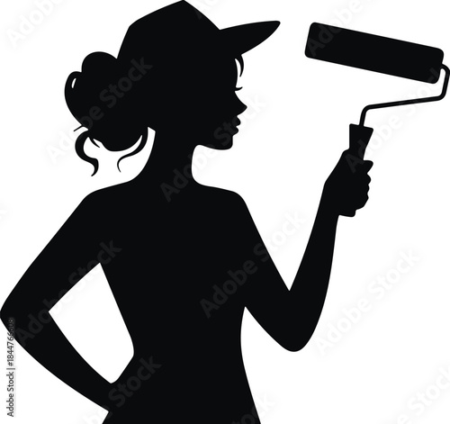 Beautiful young woman silhouette with paint roller and cap, home renovation, DIY work, house painter, decorator, simple black graphic, and repair maintenance vector illustration.
