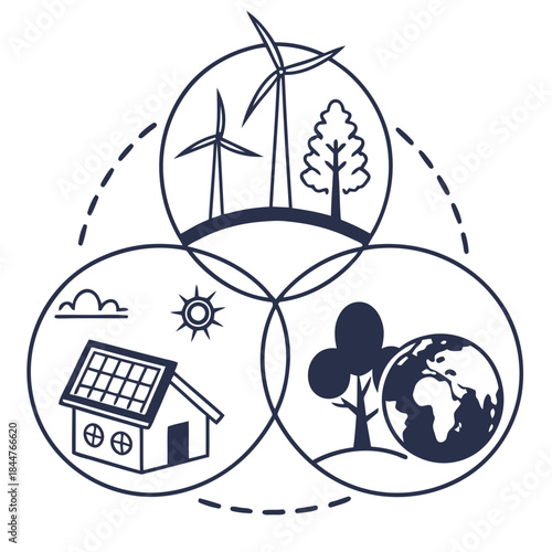A black and white illustration of renewable energy sources and sustainable development