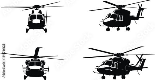 Set of four helicopter silhouettes, civil and military aircraft, aerial transport, rescue vehicle, flight, travel, simple black graphic design, and air transport vector illustration.