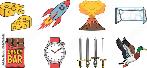 Set of colorful line icons, cheese, rocket, volcano, candy bar, soccer net, wristwatch, swords, and duck, object collection, simple illustrations, and vector graphic design.