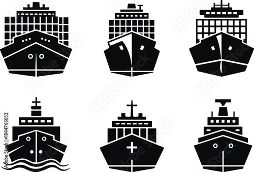Set of cargo ship and container vessel silhouettes, front view, global shipping, maritime transport, logistics, import, export, and international trade vector illustration.