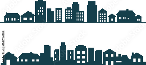 Modern city skyline and residential house silhouettes set, urban architecture, skyscraper buildings, town, city life, simple graphic design, and neighborhood vector illustration.