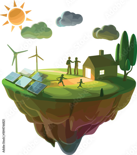 Green house and happy family on floating island graphic, windmill, solar panel, tree, clean environment, renewable energy, and sustainable life vector illustration.