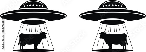 Black silhouette of UFO abducting cow with bright light beam, alien spaceship, flying saucer, cattle, farm animal, science fiction, and space vector illustration.