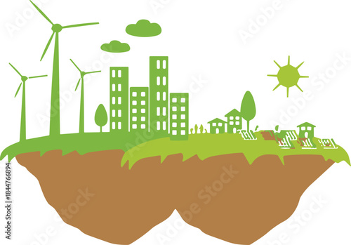 Green city concept illustration with wind turbines, eco-friendly buildings, village, renewable energy, clean environment, sun, and nature vector graphic.