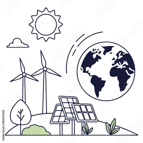 Clean energy concept with earth, wind turbines, solar panels, and nature