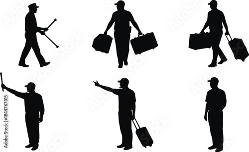 Airport ground staff and traveler silhouette set, carrying luggage, directing traffic, passenger, crew, flight, and baggage claim vector illustration collection.