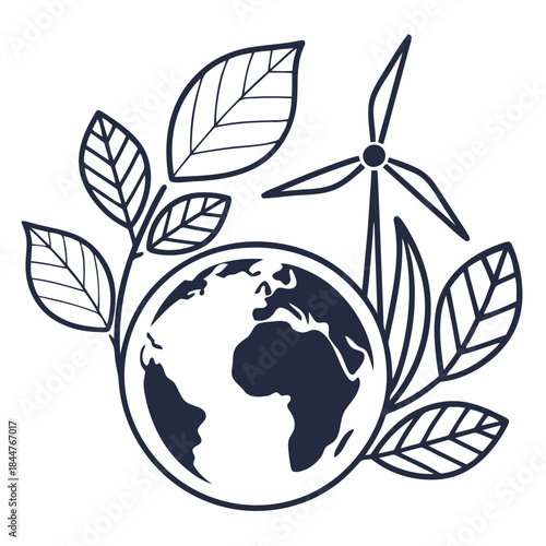 An eco-friendly concept illustration of the planet earth with leaves and a wind turbine