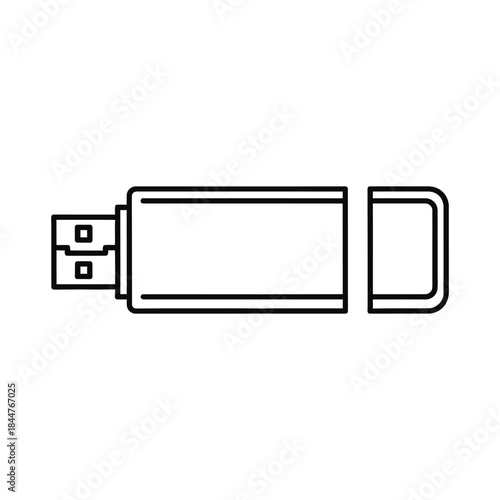 A simple black and white line drawing depicting a usb flash drive and its detached cap