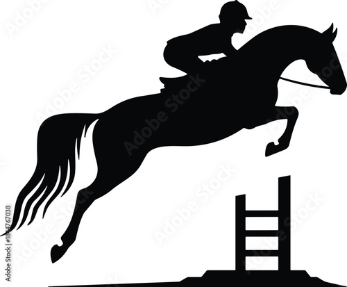 Black silhouette of equestrian sport rider jumping over obstacle, show jumping, horse riding, animal, competition, training, and athletic event vector illustration.