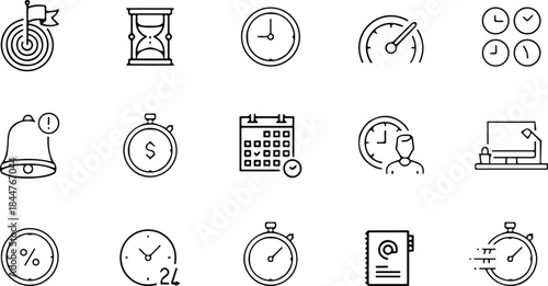 Set of time management line icons, clock, stopwatch, calendar, deadline, speed, target, schedule, and efficiency symbol vector illustration.