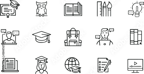 Set of education line icons, graduation, university, student, learning, online course, knowledge, school, book, and e-learning symbol vector illustration.
