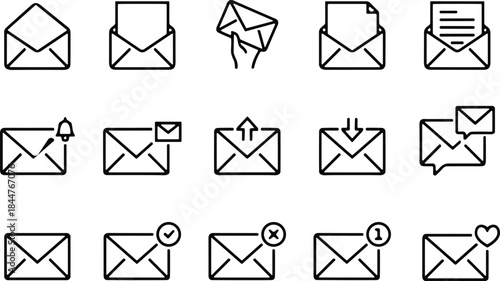 Set of email line icons, message, notification, send, receive, inbox, chat, approval, and correspondence symbol vector illustration, communication graphic.