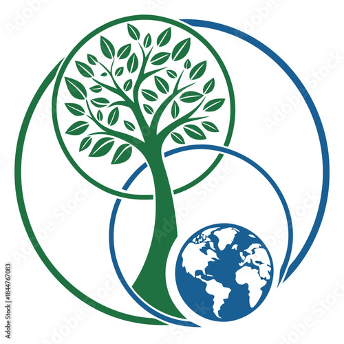 A symbolic illustration of global environmental sustainability with a tree and earth icon