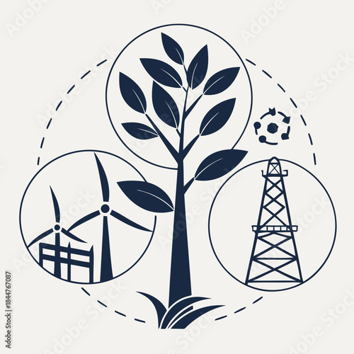 Sustainable energy and resources diagram with tree, wind turbines, and oil rig